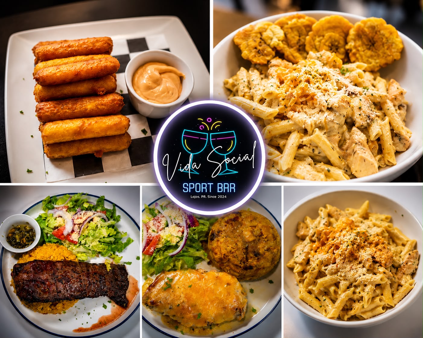 Platos de Vida Social: picadera, pastas, churrasco y mofongo